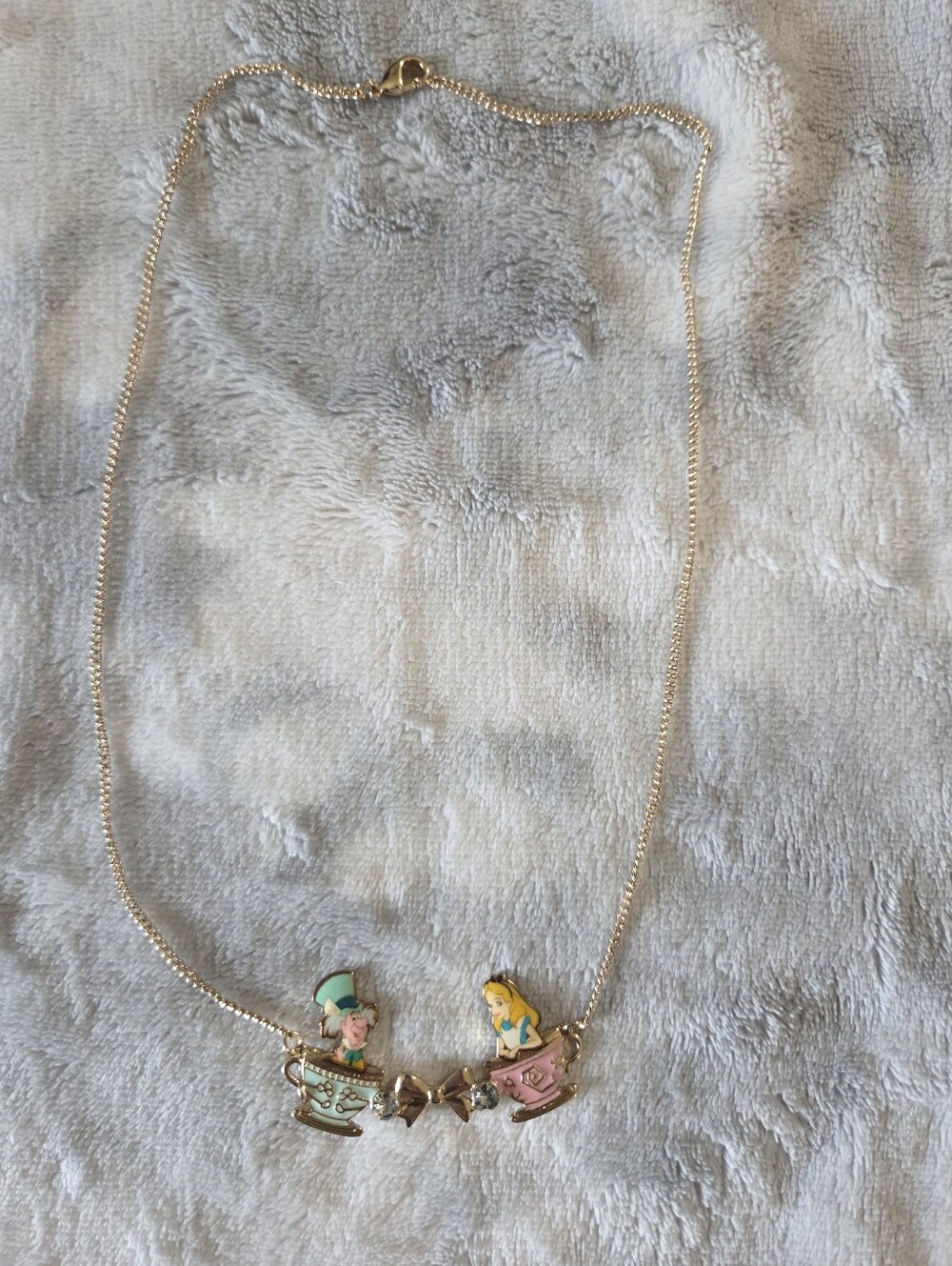 Disney Gold Tone Alice in Wonderland Teacup Necklace - Pink & Mint Accents